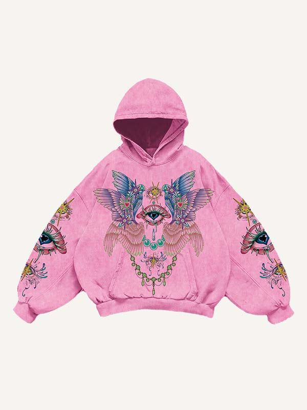 Eye&Wing Print Slant Pockets Hoodie