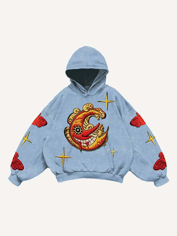 Evil Sun&Moon&Star&Cloud Faux Decal Print Slant Pockets Hoodie