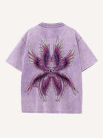 Distressed Washed Eye&Wing Print Round Neck T-shirt