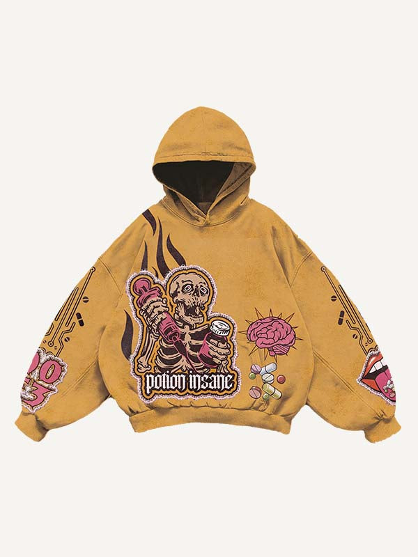Skeleton Injection Medicine&Letter Faux Decal Print Slant Pockets Hoodie