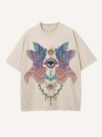 Distressed Washed Eye&Wing Print Round Neck T-shirt