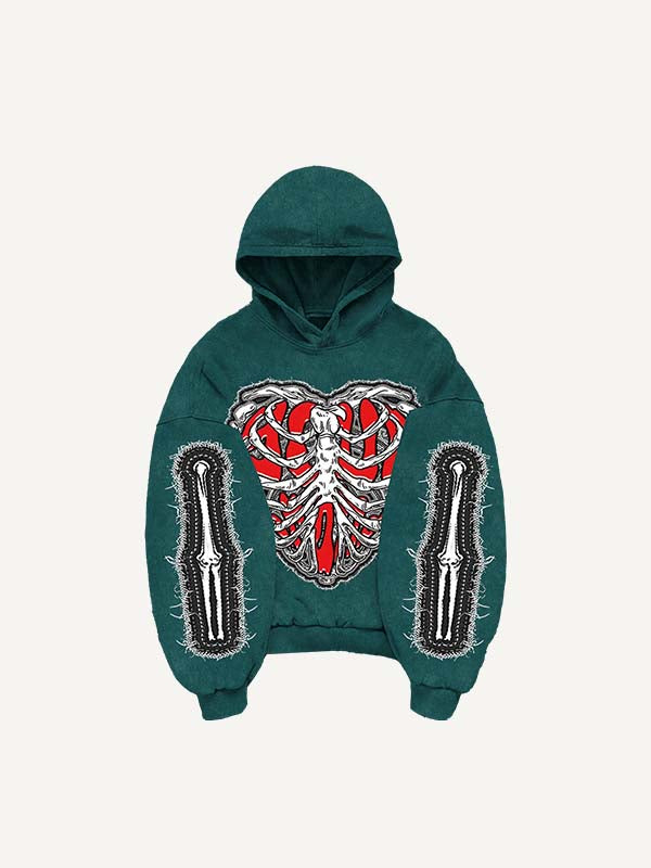 Skeleton&Heart&Wing Faux Decal Print Slant Pockets Hoodie