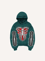 Skeleton&Heart&Wing Faux Decal Print Slant Pockets Hoodie