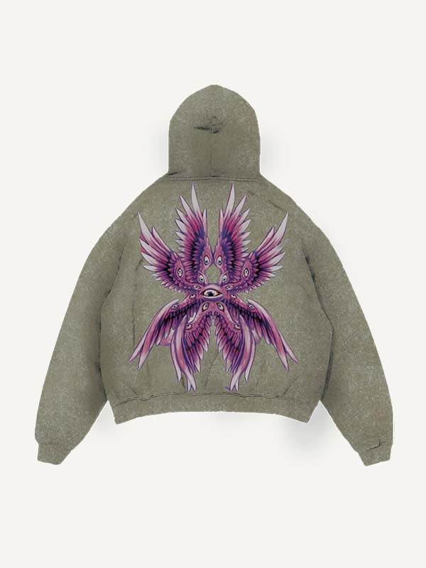 Distressed Washed Eye&Wing Print Slant Pockets Hoodie