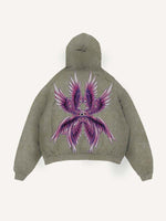 Distressed Washed Eye&Wing Print Slant Pockets Hoodie