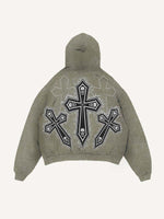 Distressed Washed Skull&Cross Faux Decal Print Slant Pockets Hoodie