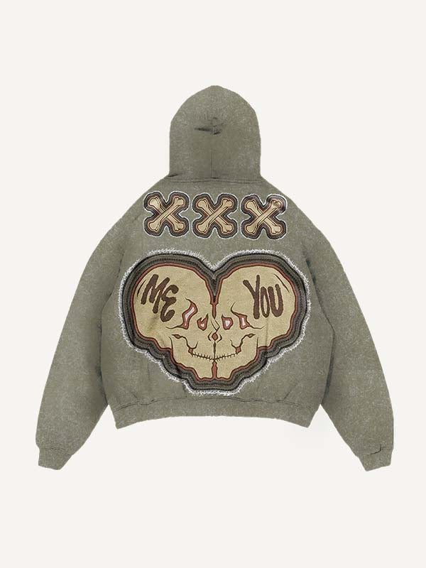 Distressed Washed Die For You Skull Faux Decal Print Slant Pockets Hoodie