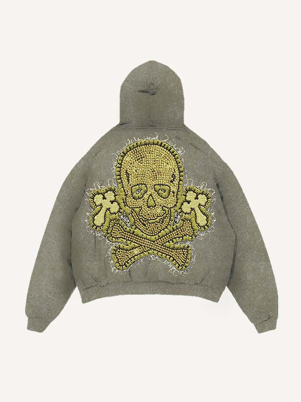 Distressed Washed Cross&Skull Faux Decal Print Slant Pockets Hoodie