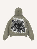 Distressed Washed Eye&Letter Faux Decal Print Slant Pockets Hoodie