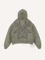 Distressed Washed Wing&Eye&Tears&Graphic Print Slant Pockets Hoodie