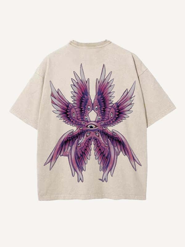 Distressed Washed Eye&Wing Print Round Neck T-shirt
