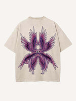 Distressed Washed Eye&Wing Print Round Neck T-shirt