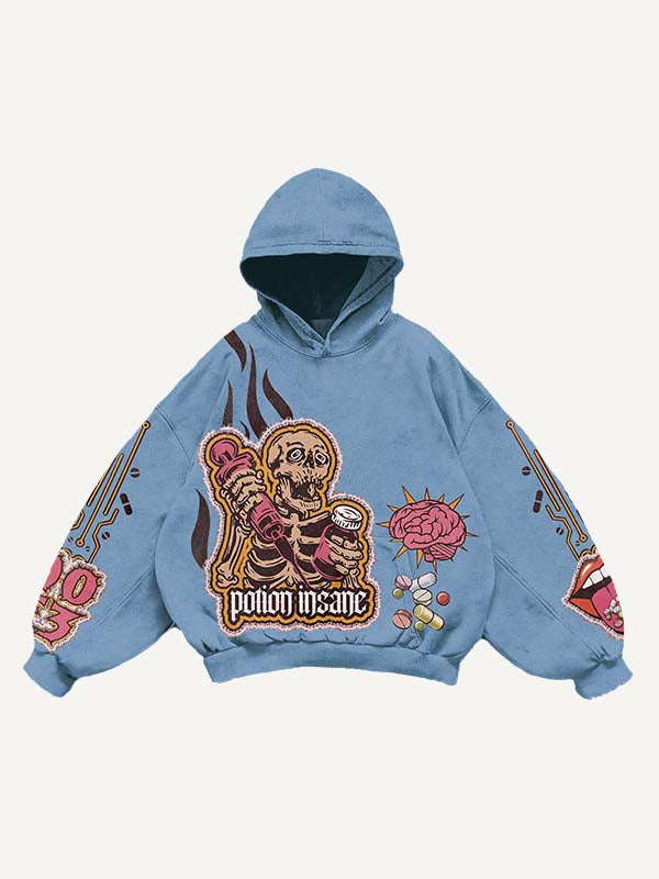 Skeleton Injection Medicine&Letter Faux Decal Print Slant Pockets Hoodie