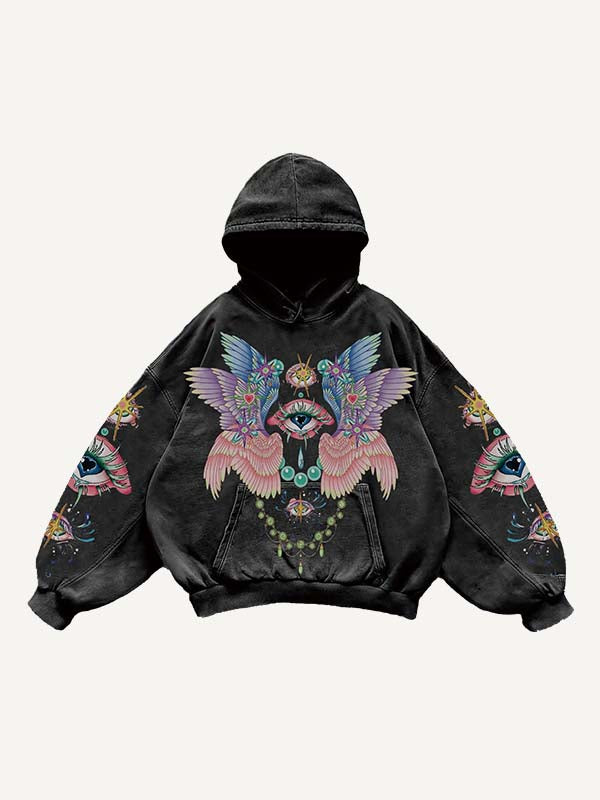 Eye&Wing Print Slant Pockets Hoodie