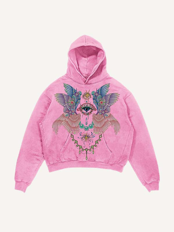 Distressed Washed Eye&Wing Print Slant Pockets Hoodie