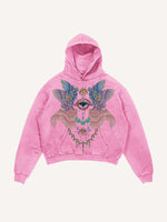 Distressed Washed Eye&Wing Print Slant Pockets Hoodie
