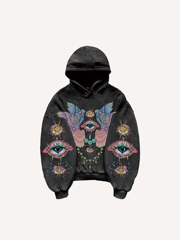Eye&Wing Print Slant Pockets Hoodie