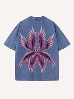 Distressed Washed Eye&Wing Print Round Neck T-shirt