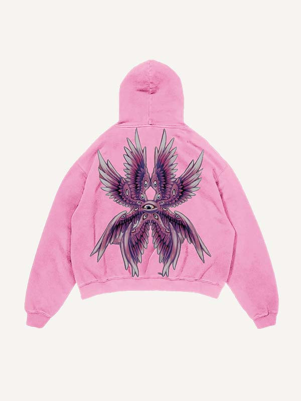 Distressed Washed Eye&Wing Print Slant Pockets Hoodie