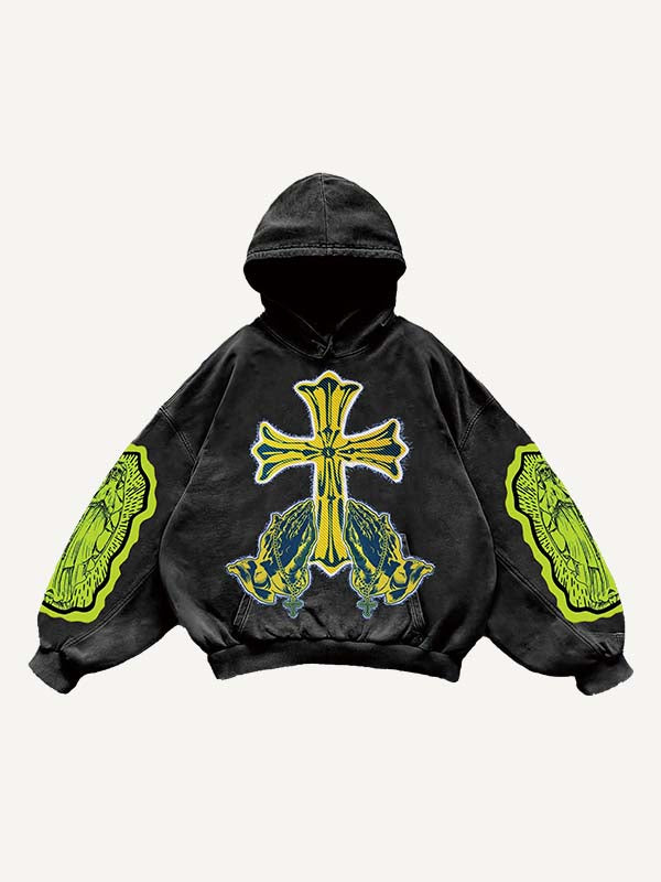 Figure&Pray&Cross Faux Decal Print Slant Pockets Hoodie