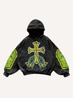 Figure&Pray&Cross Faux Decal Print Slant Pockets Hoodie