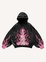 Pink Fire Skeleton Print Slant Pockets Hoodie