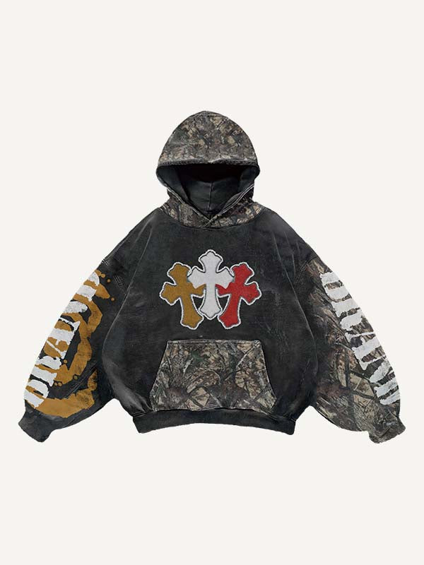 Cross&Letter&Branches Faux Decal Print Slant Pockets Hoodie