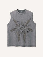 Distressed Washed Wing&Eye&Graphic Print Round Neck Tank