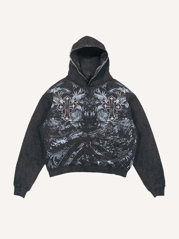 Distressed Washed Cross&Wing&Graphic Print Slant Pockets Hoodie