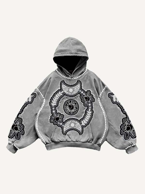 Sun&Moon&Star&Eye Graphic Faux Decal Print Slant Pockets Hoodie