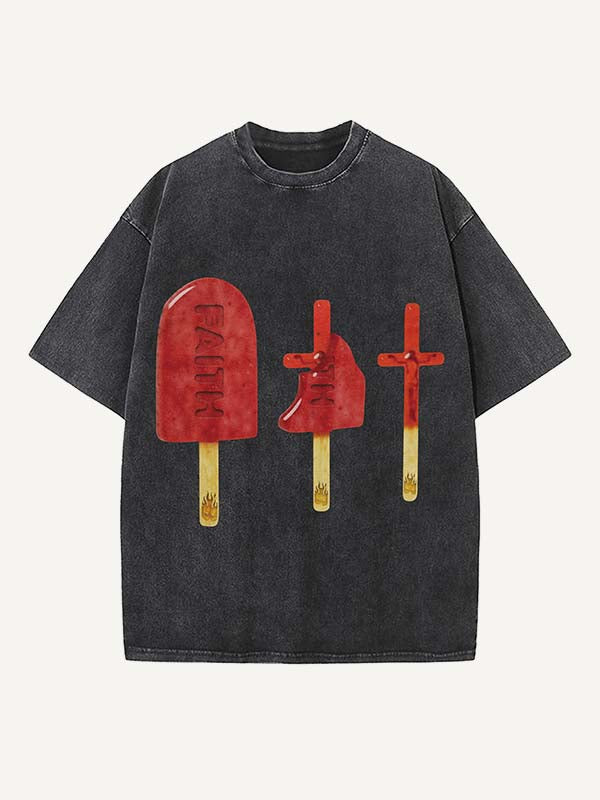 Distressed Washed Figure&Cross&Ice Cream&Letter Print Round Neck T-shirt