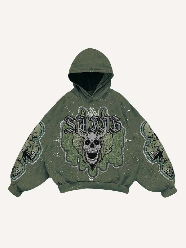 Skull Faux Decal Print Slant Pockets Hoodie