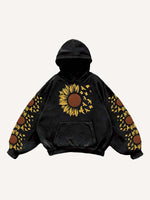 Floral&Pigeon Print Slant Pockets Hoodie