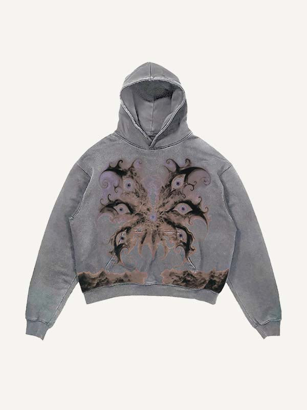 Distressed Washed Wing&Eye&Graphic Print Slant Pockets Hoodie