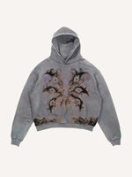 Distressed Washed Wing&Eye&Graphic Print Slant Pockets Hoodie
