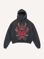 Distressed Washed Ghost General Print Slant Pockets Hoodie