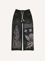 Angel&Fire&Letter Faux Rhinestones Print Elastic Waist Pants