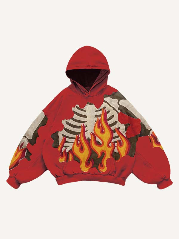 Fire&Skeleton Faux Decal Print Slant Pockets Hoodie