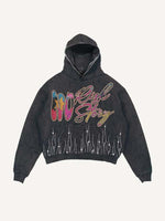 Distressed Washed Eye&Cross&Letter&Graphic Faux Rhinestones Print Slant Pockets Hoodie