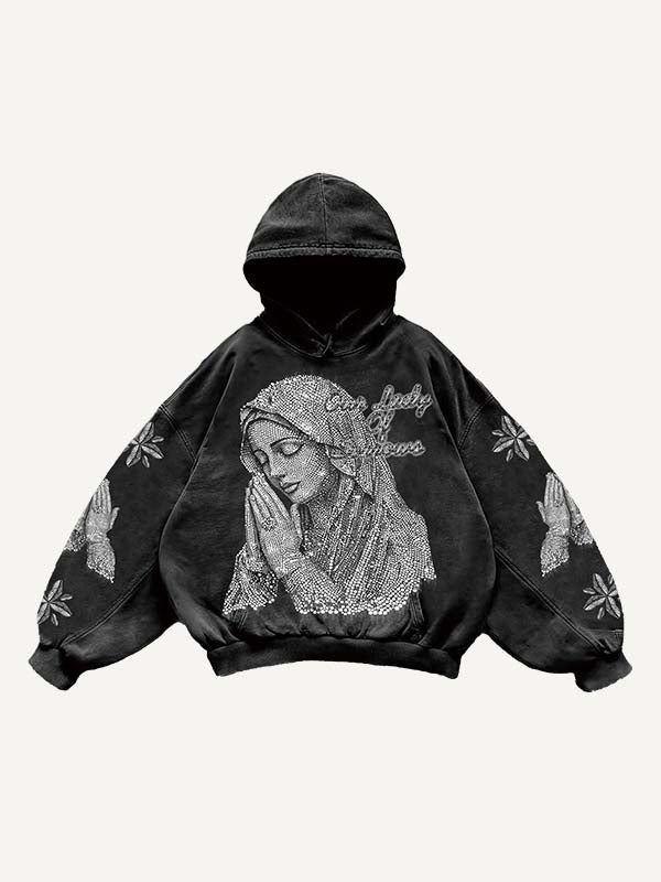Mary&Pray&Pigeon&Letter Faux Rhinestones Print Slant Pockets Hoodie