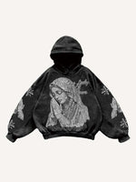 Mary&Pray&Pigeon&Letter Faux Rhinestones Print Slant Pockets Hoodie