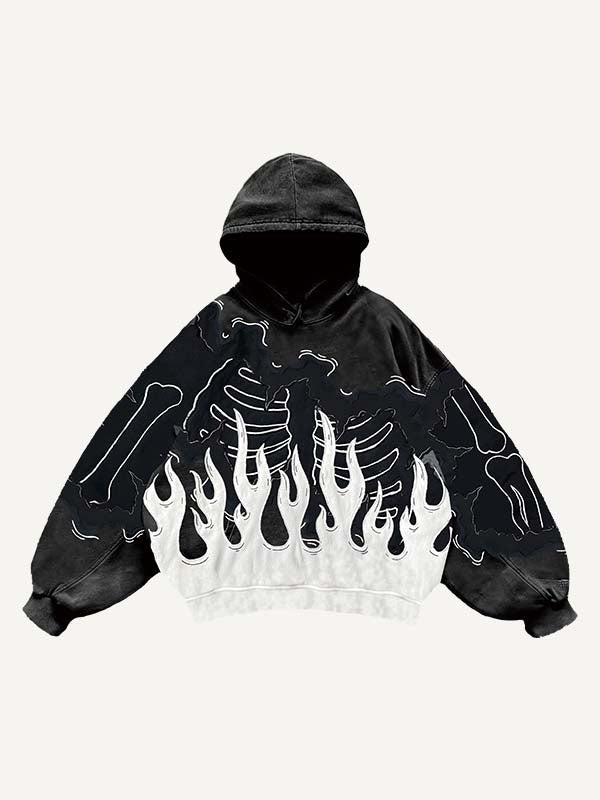 Colorblock Skeleton&Fire Faux Decal Print Slant Pockets Hoodie