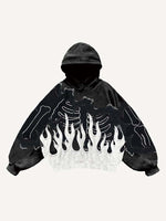 Colorblock Skeleton&Fire Faux Decal Print Slant Pockets Hoodie