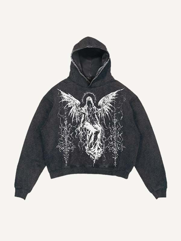 Distressed Washed Figure&Wing Graphic Print Slant Pockets Hoodie