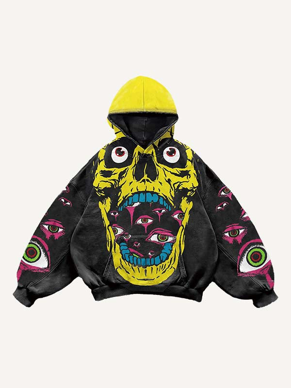 Skull&Eye Print Slant Pockets Hoodie
