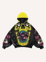 Skull&Eye Print Slant Pockets Hoodie