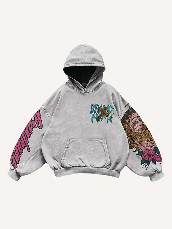 Figure&Letter&Cross Print Slant Pockets Hoodie