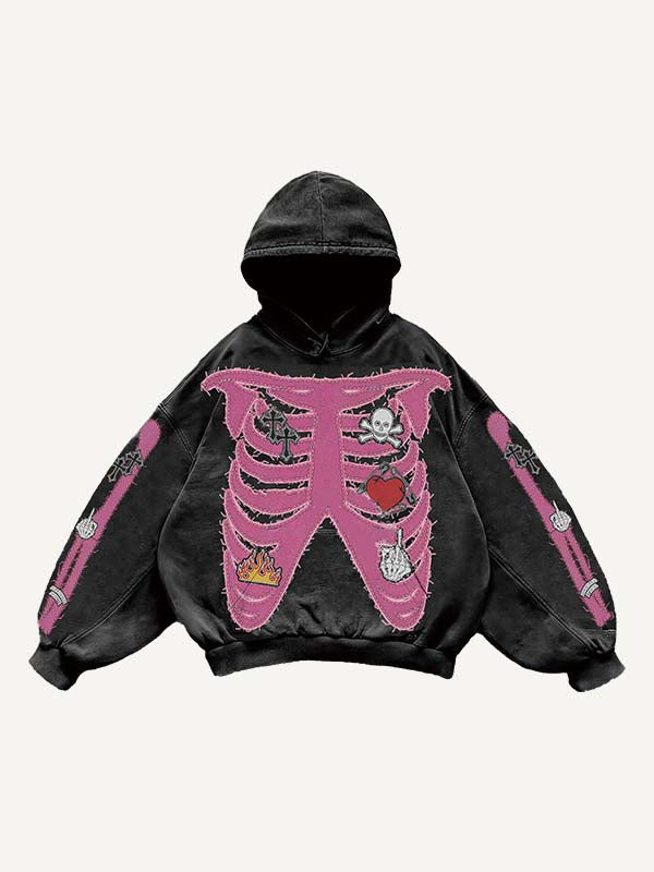 Skeleton&Heart&Cross&Gesture Faux Decal Print Slant Pockets Hoodie