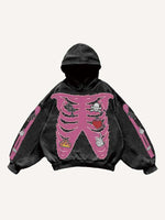 Skeleton&Heart&Cross&Gesture Faux Decal Print Slant Pockets Hoodie