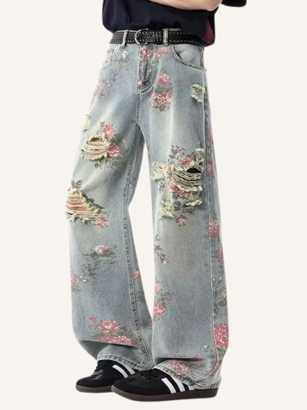 Rose Print Hole Straight Jeans